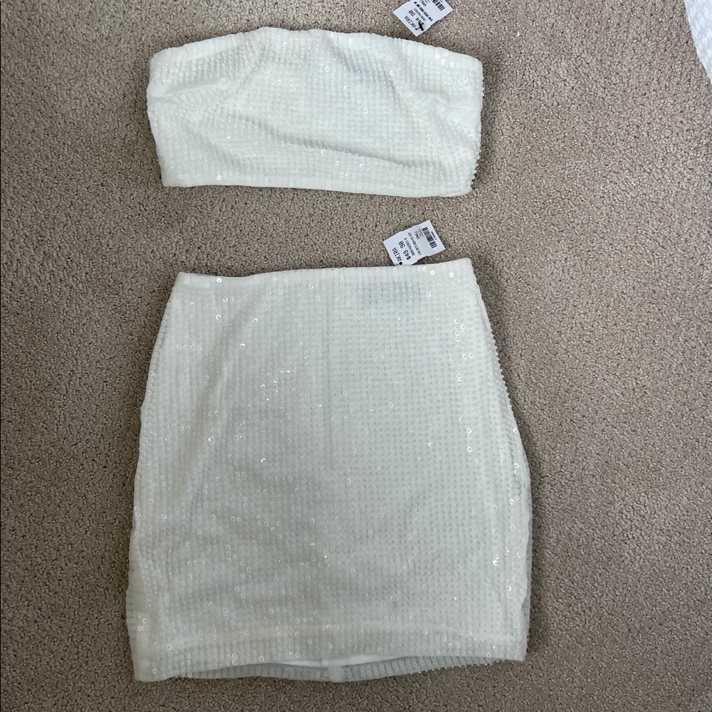 NWT beaded white co ord set mini skirt & tube top